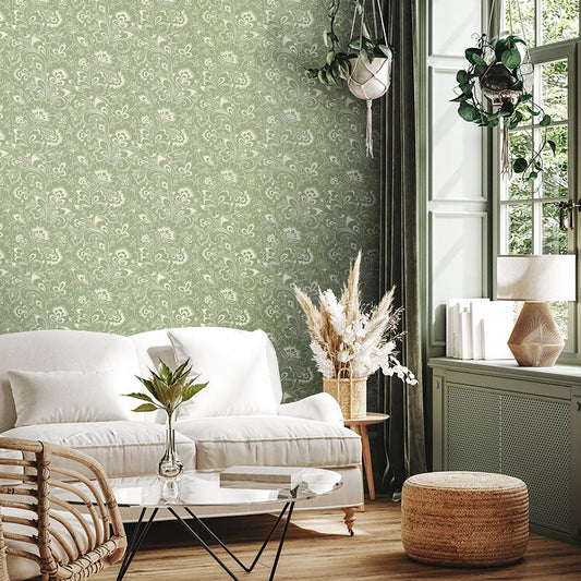 Soft green wallpaper on the wall in a living room.