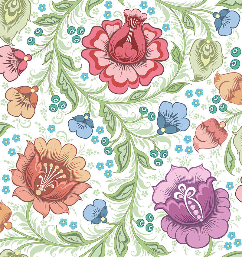 Colourful floral wallpaper with white background, light green stems, large red, purple, orange flowers, and smaller blue flowers.