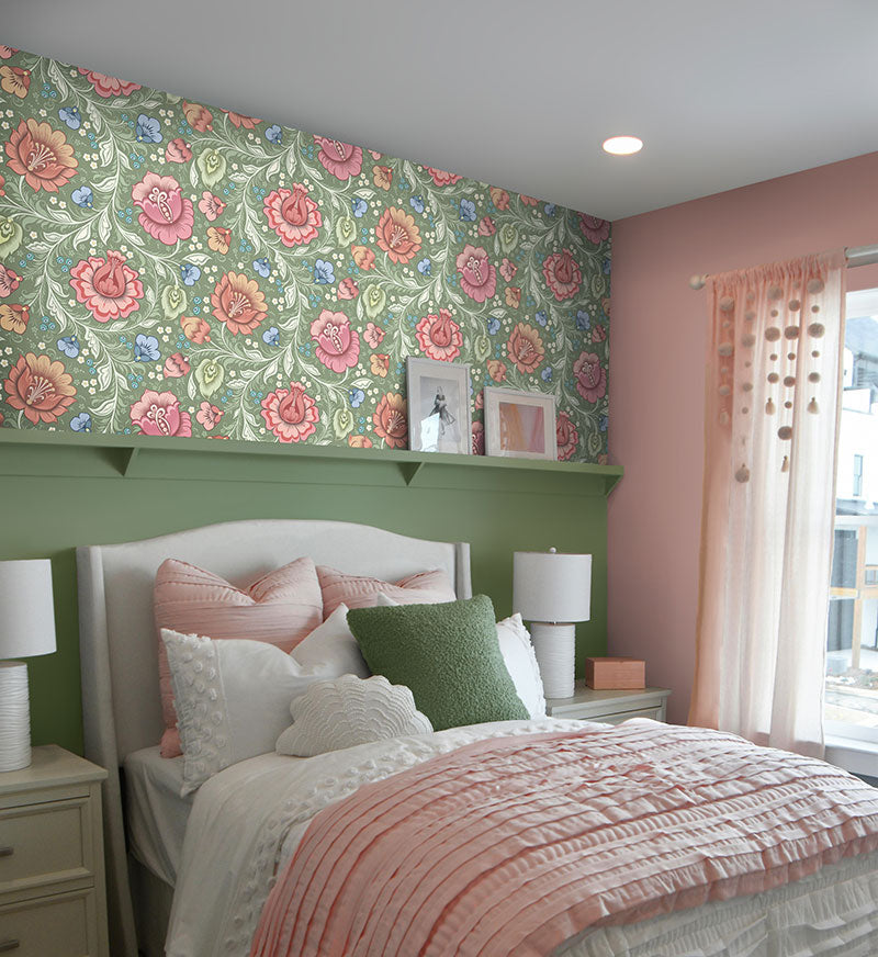 Juliette Green green floral wallpaper with elegant botanicals