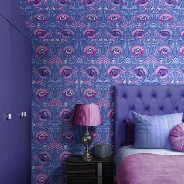 Purple paint and purple floral wallpaper