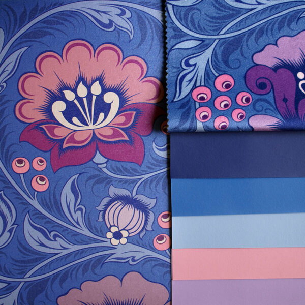 Purple floral wallpaper, velvet and paint samples